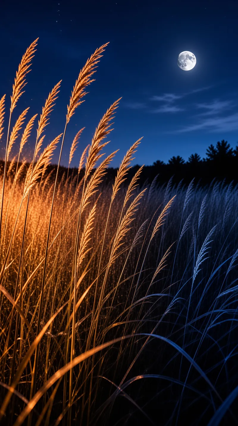 Grasses stand at night, lit by warm orange light on the left and cool blue shadows on the right beneath a full moon.