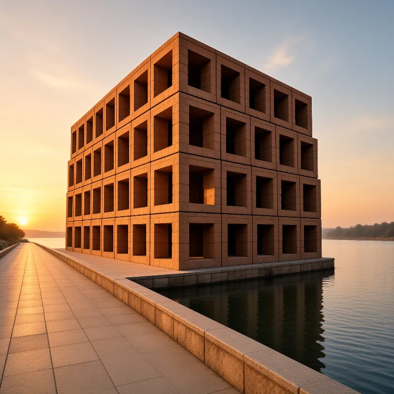 A massive cubic structure with square openings sits on a platform next to a calm lake during a warm sunset glow
