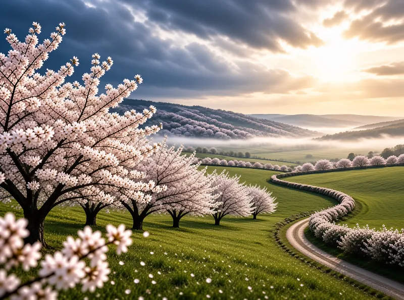 Flowering trees line a green field as a winding path curves through misty hills beneath a dramatic sky.