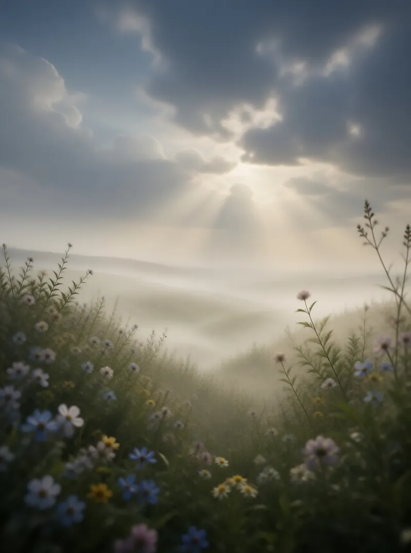 Sunrise Over Misty Field