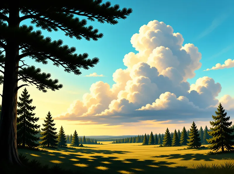 Tall cumulus clouds glow gold above a green meadow with pine trees and long shadows in golden hour light.