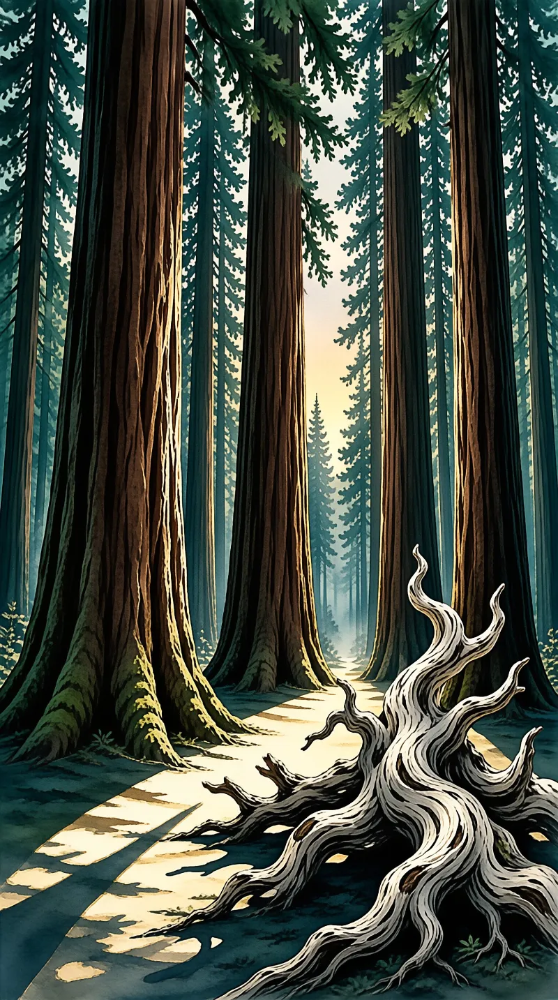 A winding path cuts through a dense forest of towering trees, sunlight filtering through the canopy illuminates a gnarled root in the foreground.