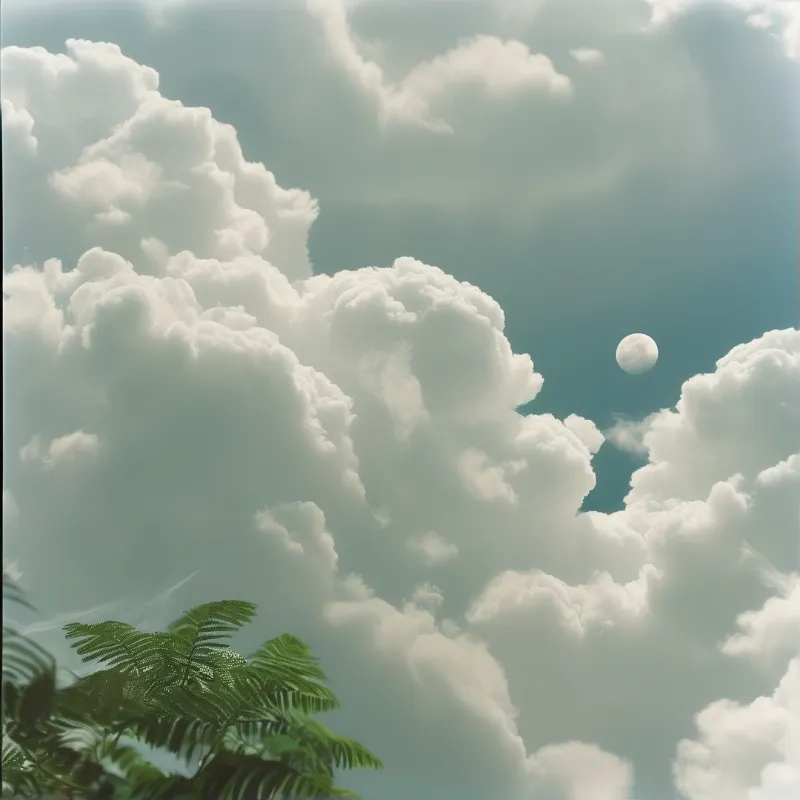A visible moon sits in a teal sky framed by massive white cumulus clouds and green fern leaves extending from the lower left corner.