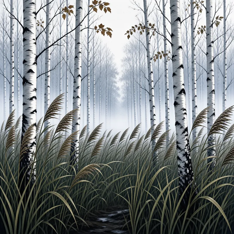 Tall white birch trunks stand in a foggy forest with golden reeds curving over a wet path in cool blue light