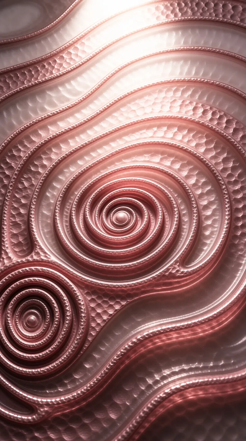 Layered pink metallic waves form concentric circles with a hammered finish and soft lighting.