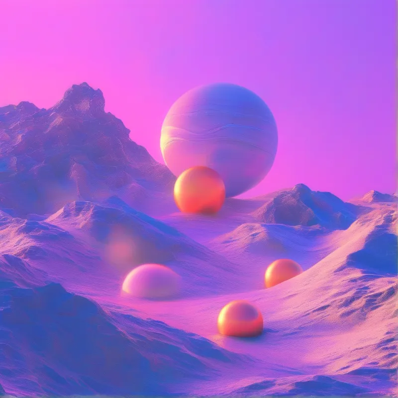 Surreal orange spheres float above purple mountainous terrain bathed in soft pink sunlight.