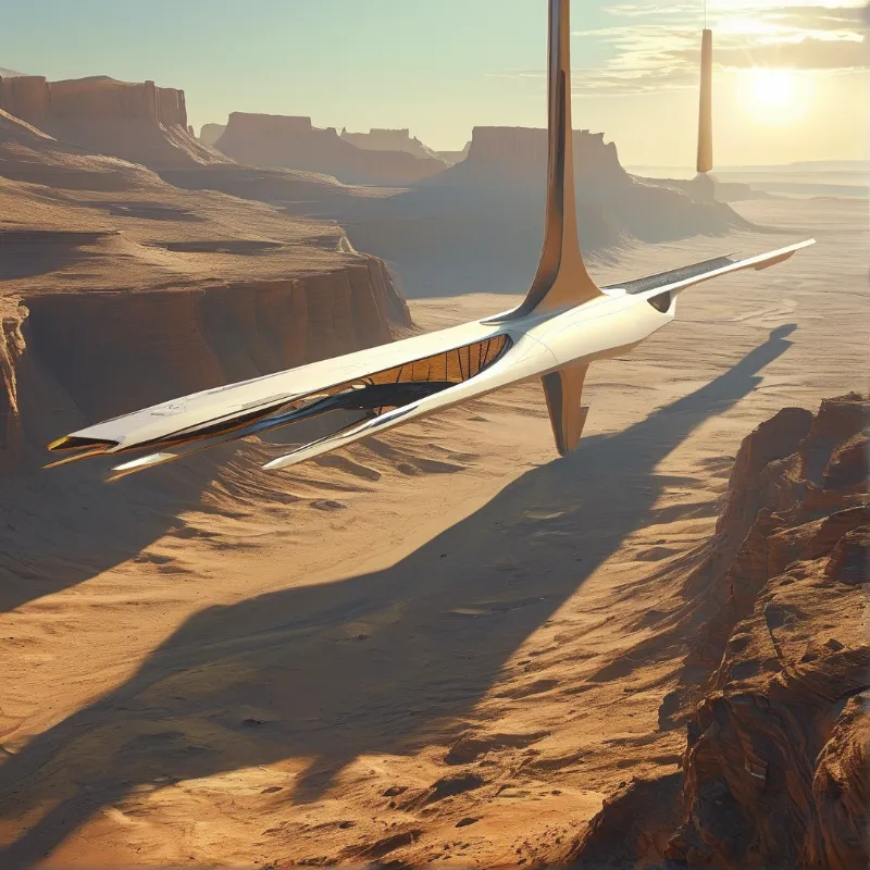 A slender white and gold vessel drifts above eroded canyon rock at sunset, casting a long shadow across the sand