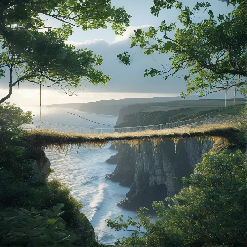 A grassy platform stretches across a coastal valley while overhanging branches frame a misty shoreline and calm water below.