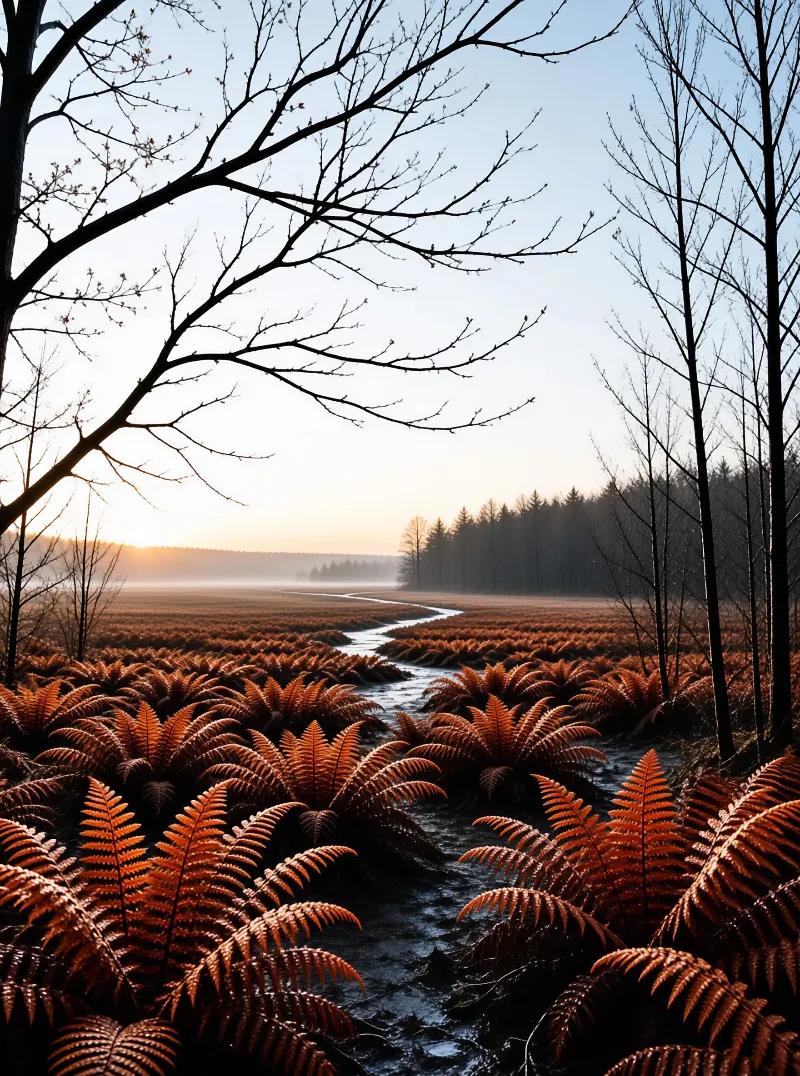 A narrow waterway cuts through copper-colored ferns while silhouetted branches frame the misty horizon.