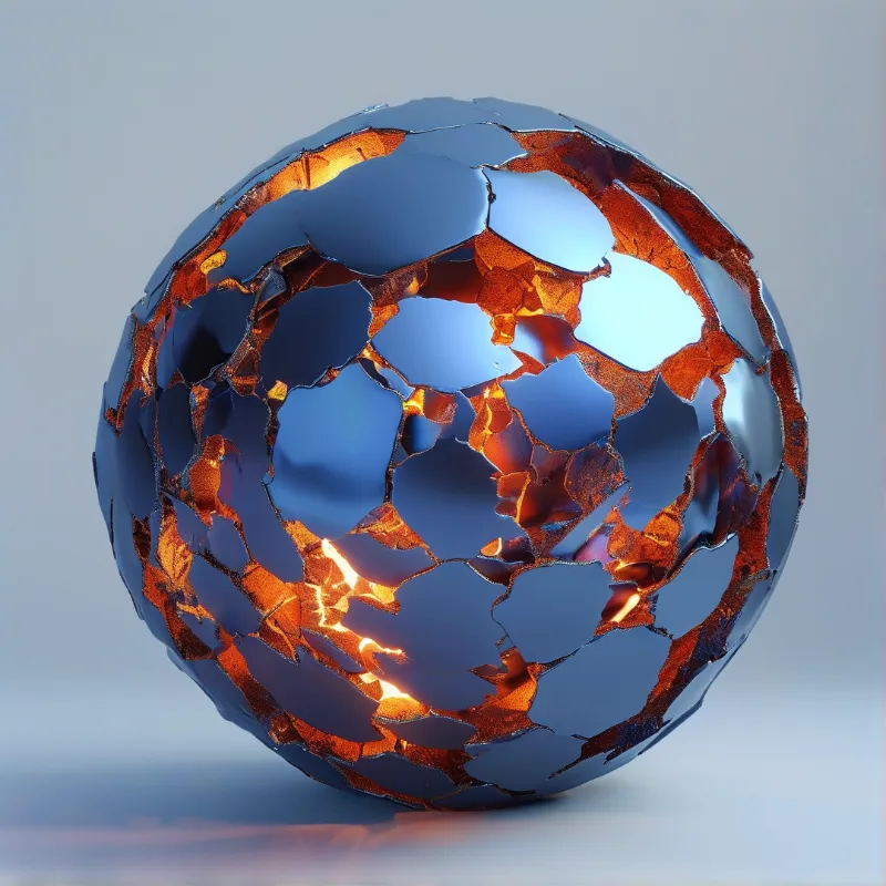 Shards of polished metal peel away from a round form to expose glowing orange rock beneath, lit against a pale grey set.