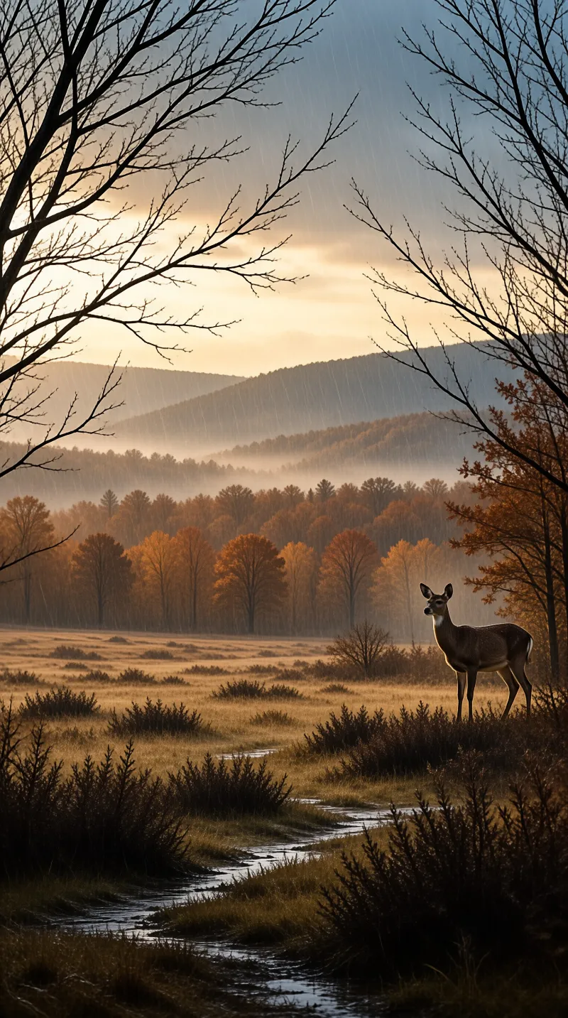 A lone deer pauses in a golden field as rain falls over misty hills and bare branches at dusk.