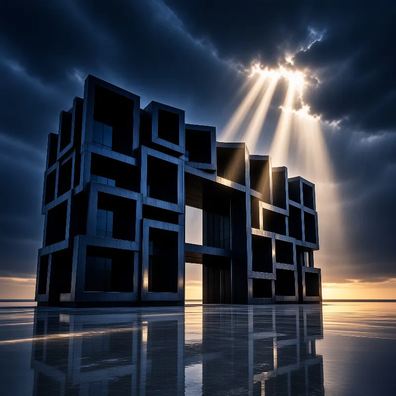 A futuristic geometric building stands on a mirror-like surface under a dark sky pierced by bright golden sunbeams.