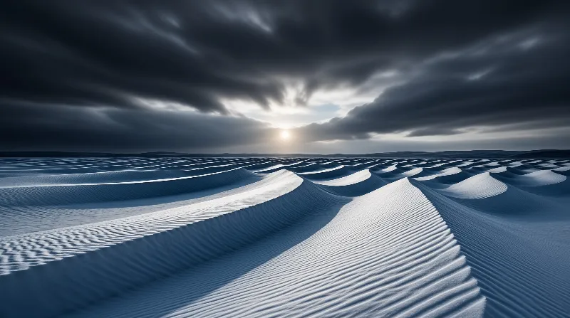 Expansive blue sand dunes ripple across the foreground while dark storm clouds gather above a bright sun breaking through the horizon.