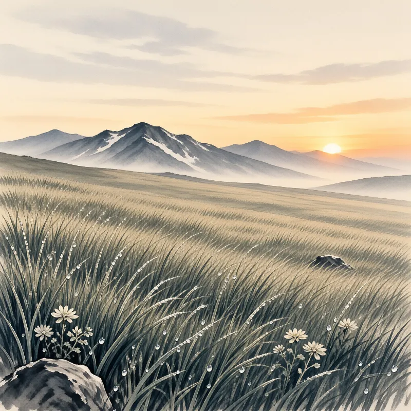 Tall grass blades holding morning dew stretch across a rolling field toward snowy mountains beneath a warm sunrise sky.