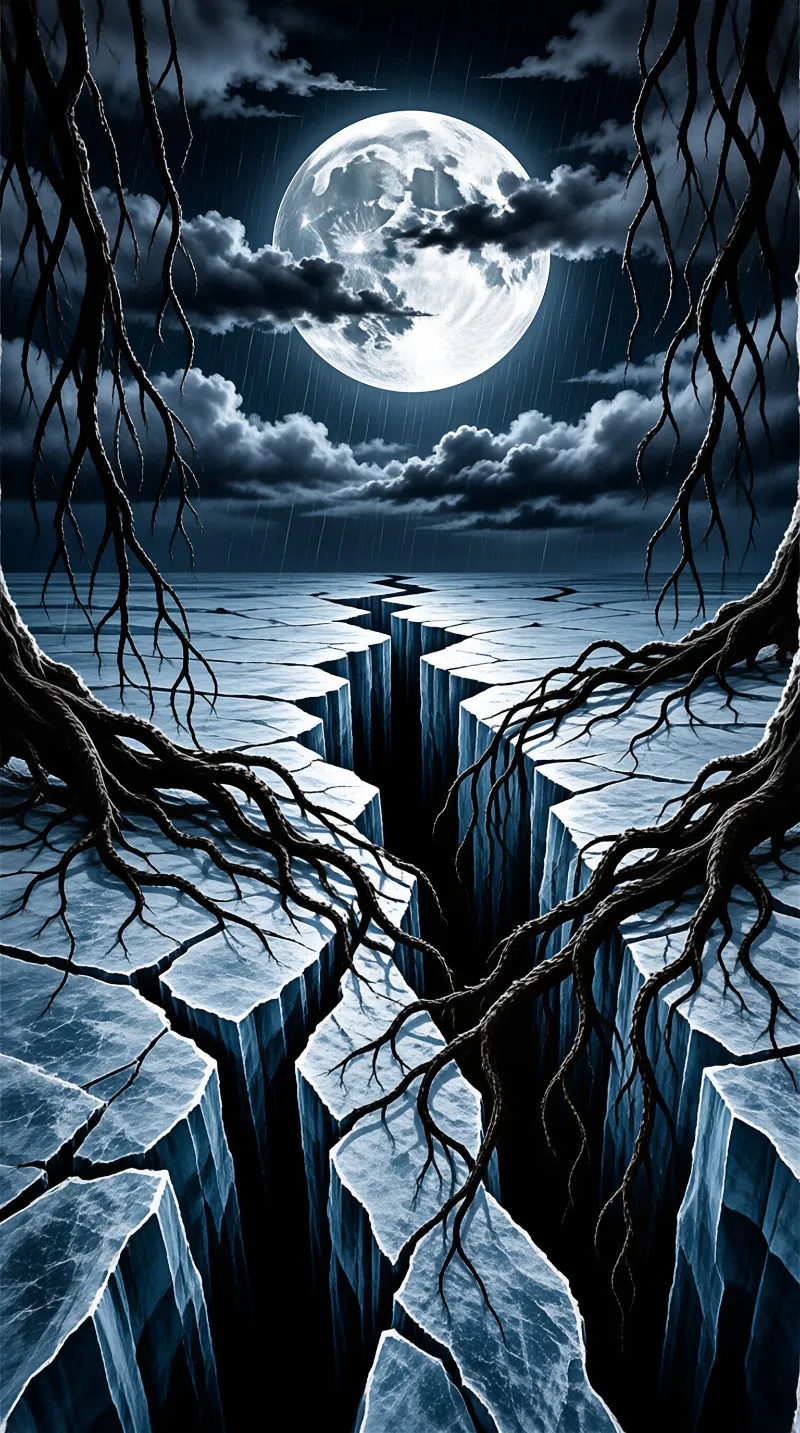 Twisted roots frame a view of cracked earth leading toward a massive moon under stormy clouds.