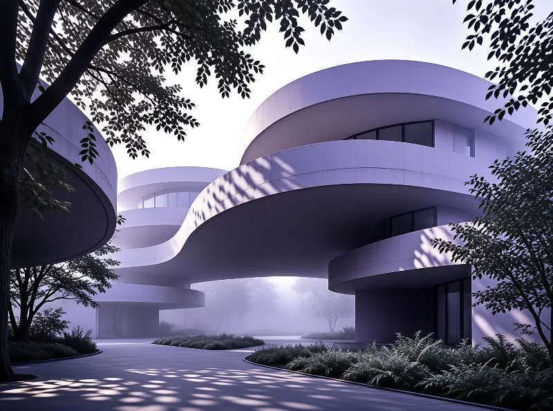 A contemporary building with undulating white walls sits among trees in foggy morning light casting dappled shadows.