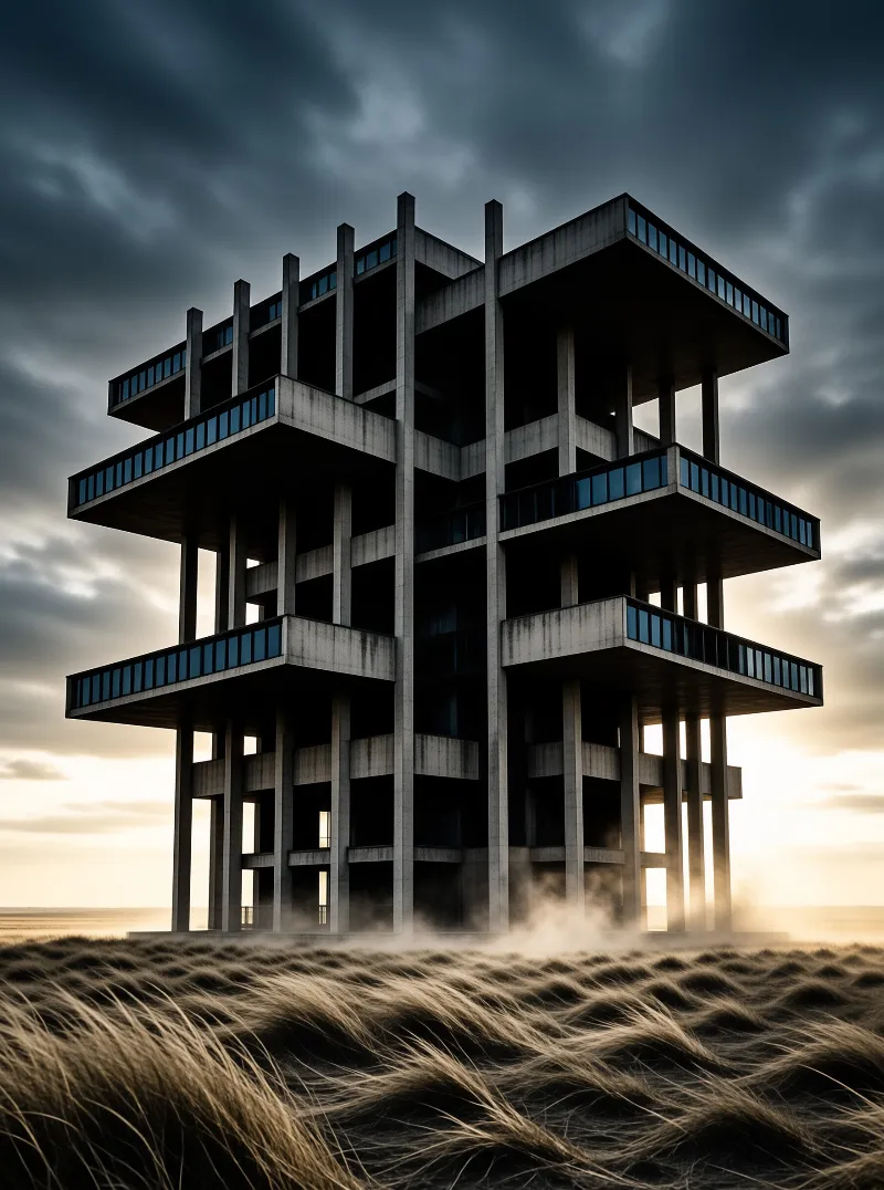 A multi-level building hovers above a field of dry grass under a cloudy sky with light breaking through.