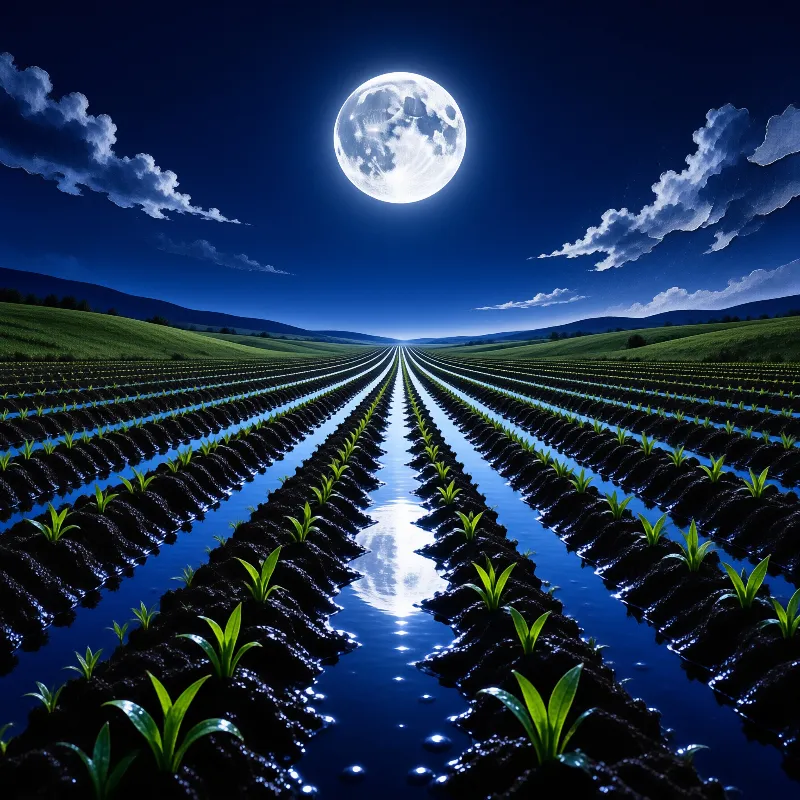 A vast agricultural field filled with water channels creates deep blue lines under a large shining full moon.