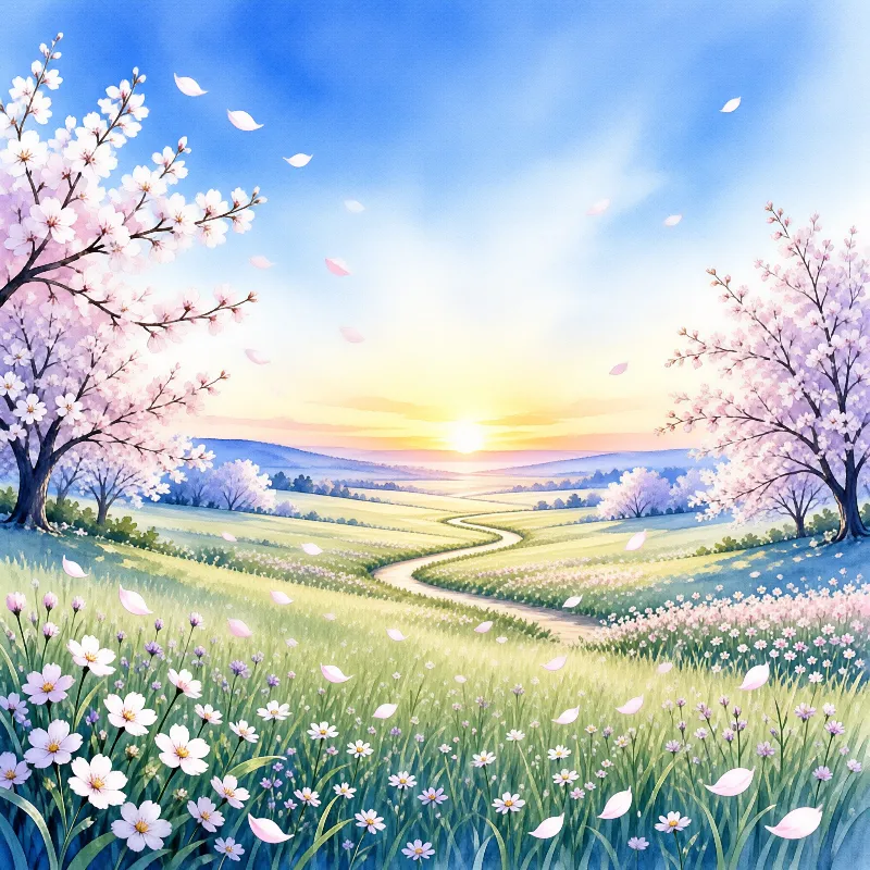 Cherry blossoms frame a winding sunlit path across rolling grassy hills, with pink petals drifting under a bright blue sky.