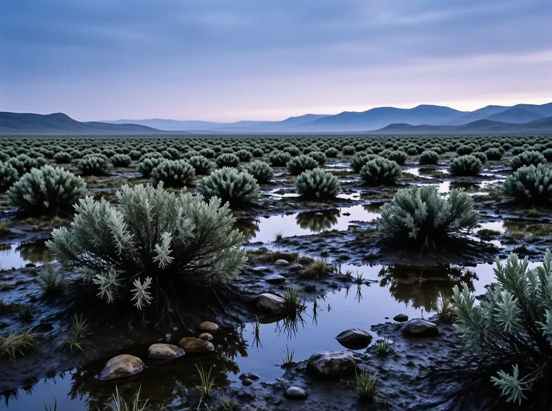Sagebrush bushes dot a wet, reflective plain under a fading blue sky.