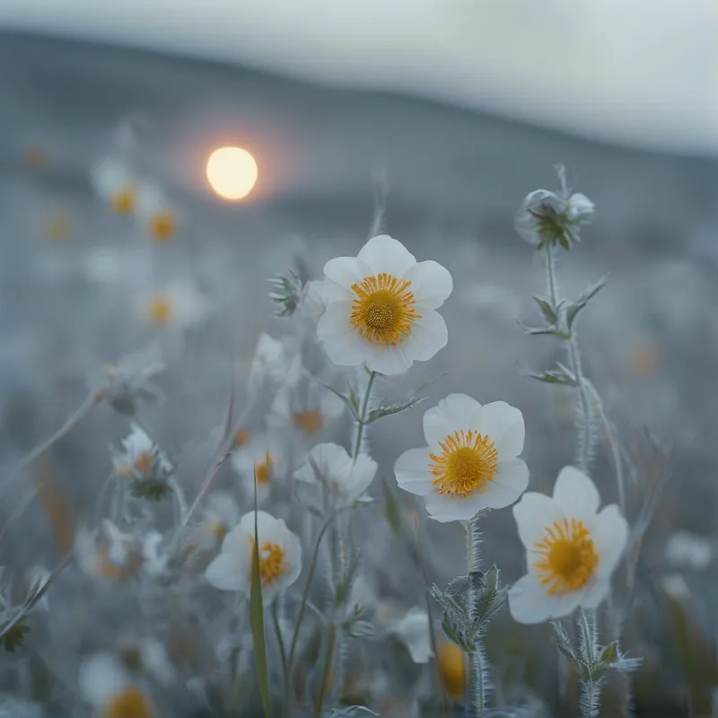 White wildflowers with bright yellow centers stand in a foggy field while a soft round sun glows faintly in the hazy background.