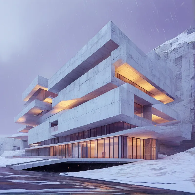 A brutalist concrete building with warm interior lights stands amidst falling snow against a purple twilight sky.