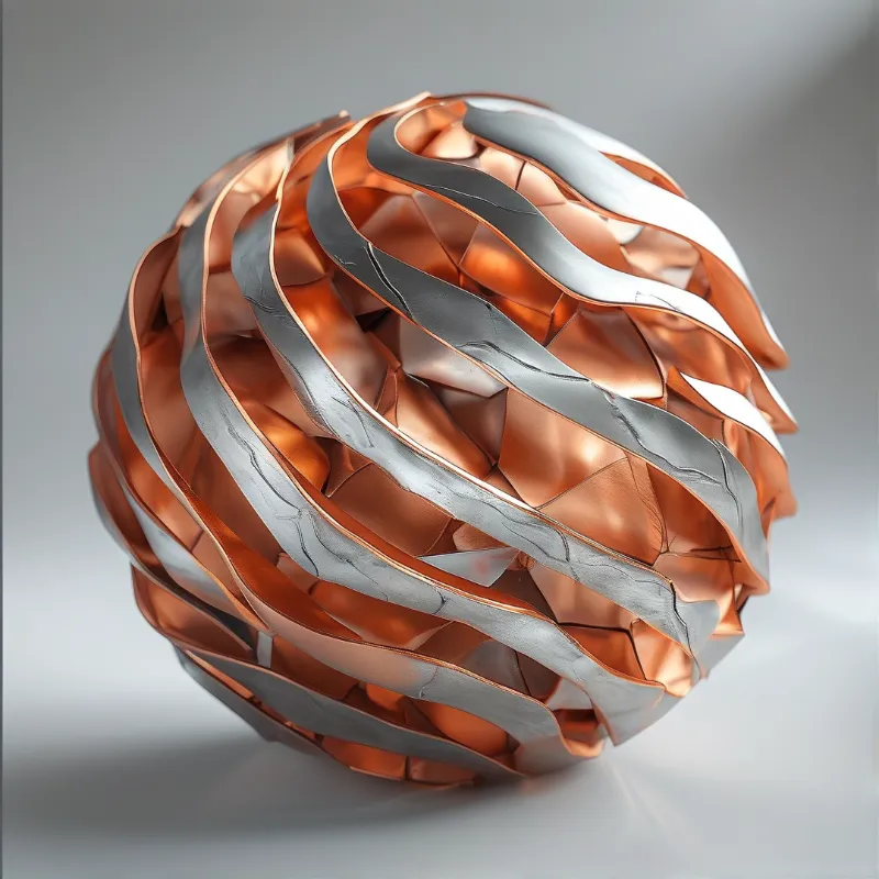 A glossy sphere made of interlocking copper and silver ribbons sits on a plain grey surface.