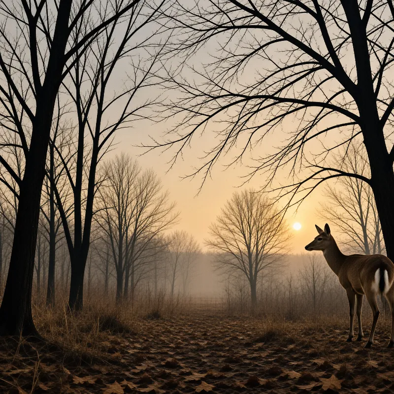A solitary deer observes the rising sun through a misty forest filled with bare trees and fallen leaves.