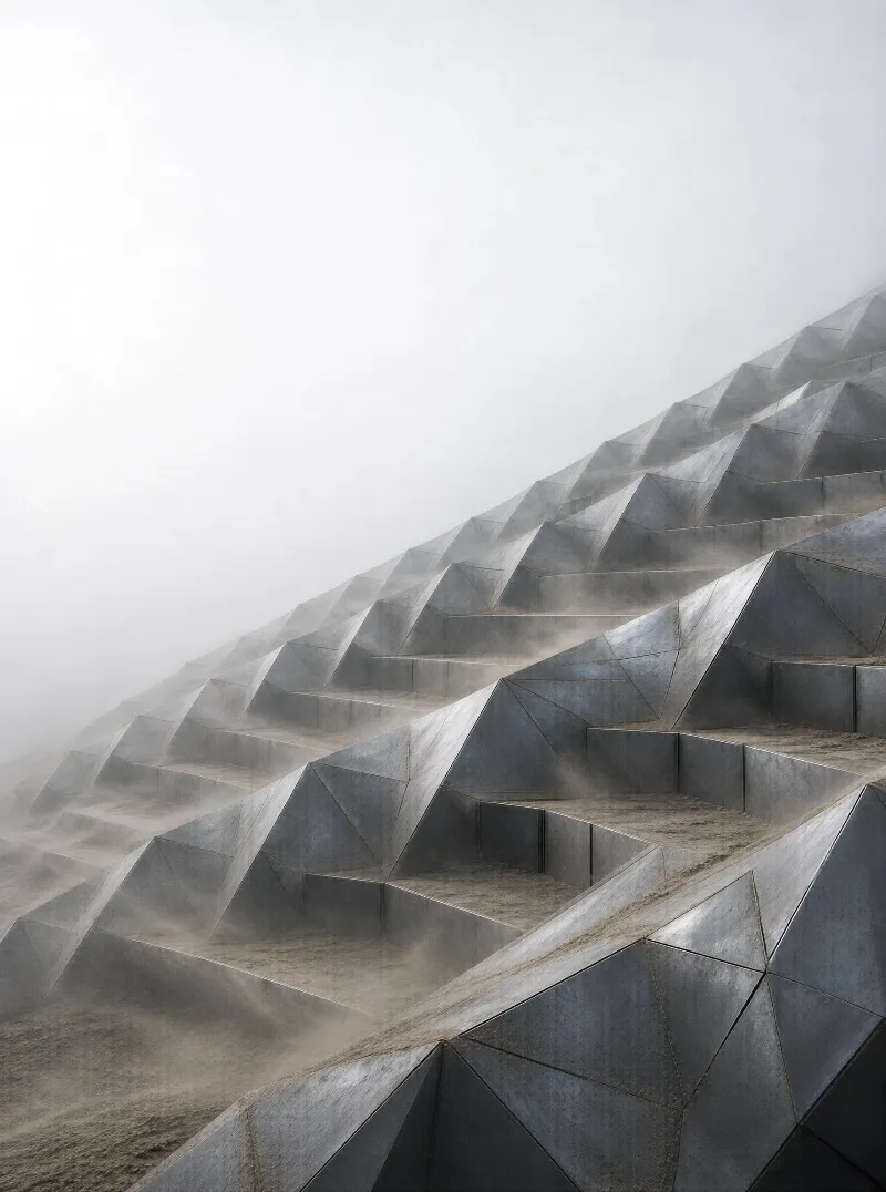 A series of concrete pyramid-shaped stairs set against a foggy background with soft, diffused light highlighting their geometric forms