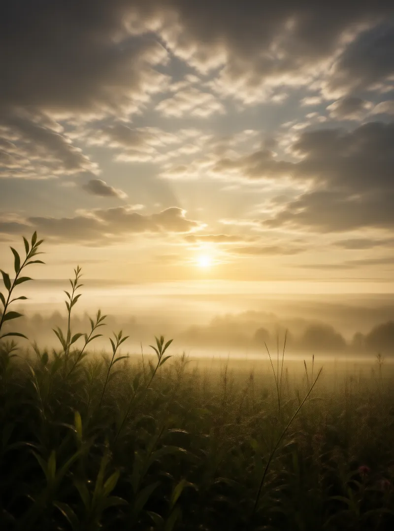 Sunrise Over Misty Fields