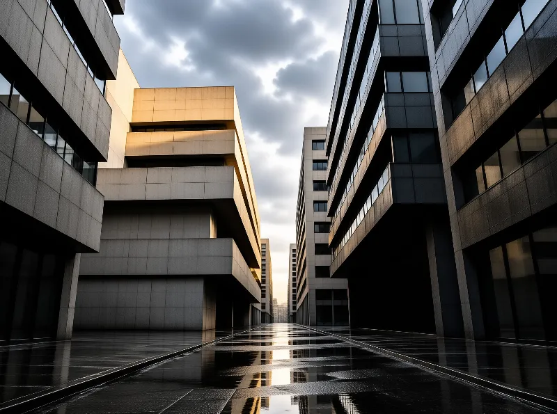 A rain-slicked urban corridor stretches between two blocks of contemporary architecture, where dark pavement mirrors the geometric facades and the cloudy sky above.