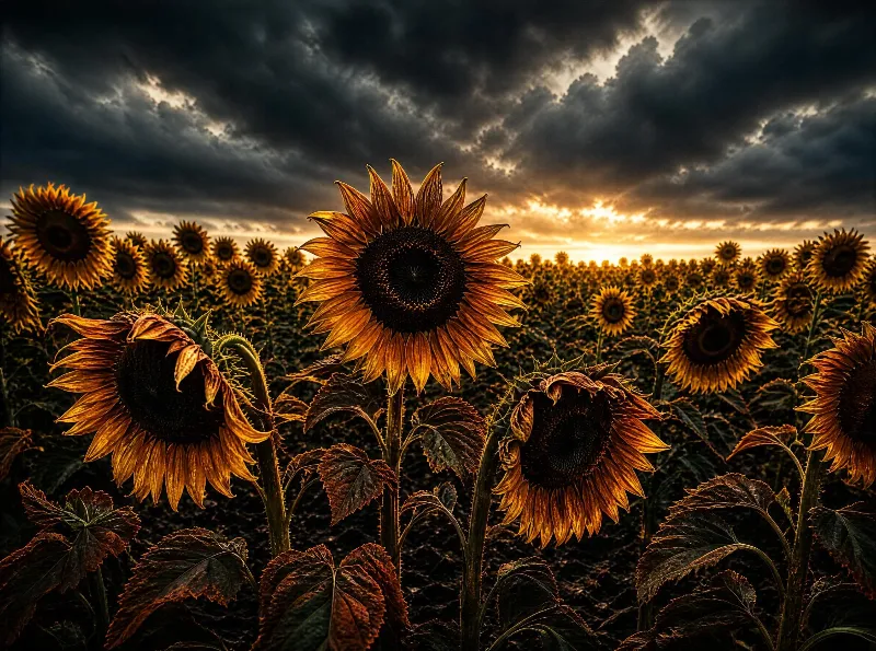 A field of sunflowers stands under a dark, cloudy sky at sunset, with the light highlighting vibrant yellow petals and dark centers.