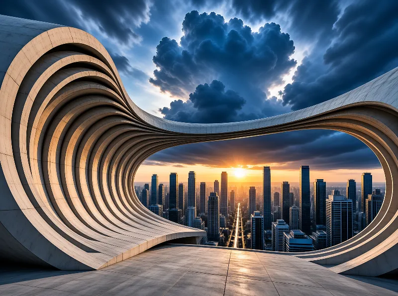 Curved concrete architecture frames a distant city skyline bathed in golden sunset light beneath dark blue clouds.