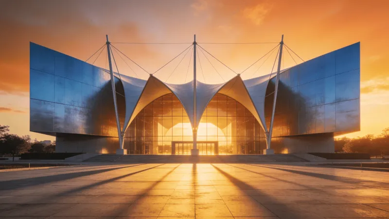 Museum with Tensile Structure — Golden Sunset