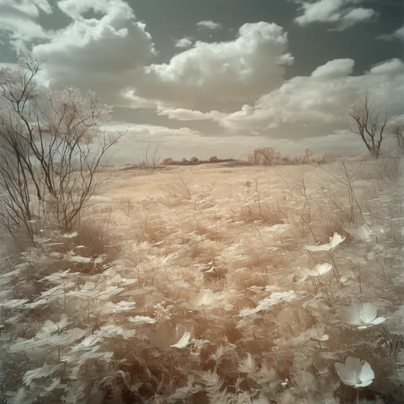 A field of white wildflowers and dry grass stretches toward distant hills under a cloudy sky with a warm sepia tone.