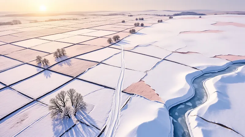 An aerial winter view shows snowbound fields divided by hedgerows beside a winding frozen stream.