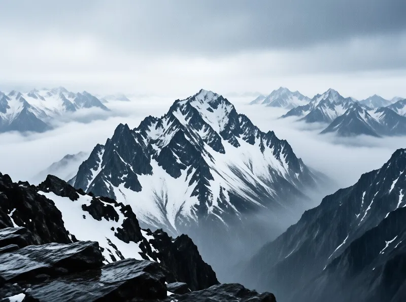 A rugged mountain range features sharp snowy summits rising above a thick layer of low-lying clouds under a grey overcast sky.