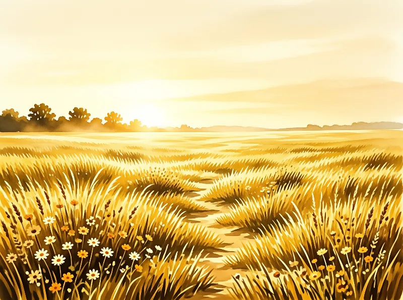 A dirt trail cuts through a vast field of tall grass and wildflowers under a hazy warm sky.