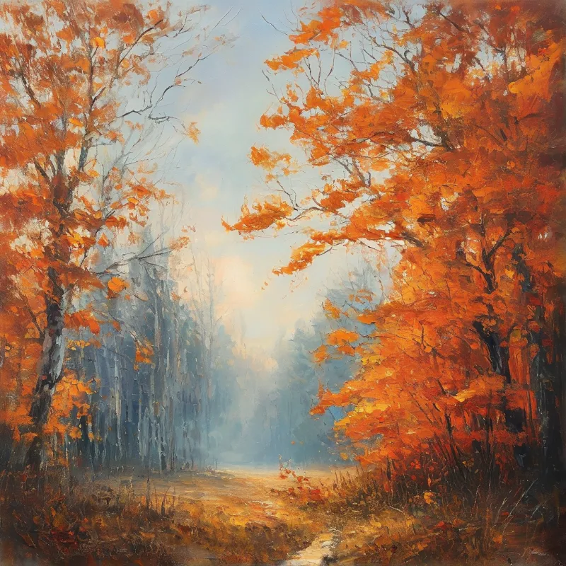 Painting of autumn trees with orange leaves flanking a trail leading into foggy blue distance.