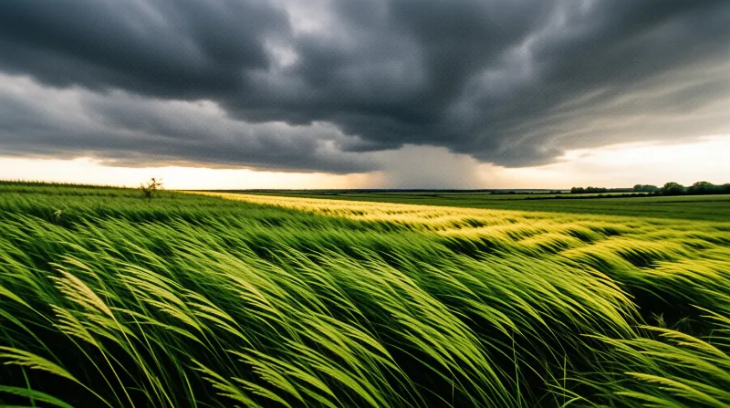 A wide green barley field stretches under dark storm clouds with sunlight breaking through the horizon gap.