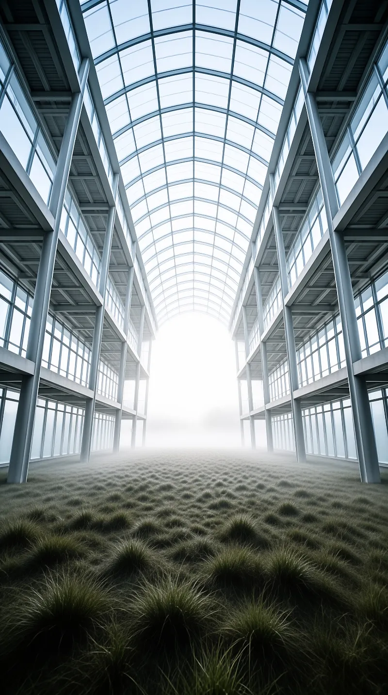 Vast glass architecture encloses a grassy interior space bathed in bright misty light radiating from the far end.