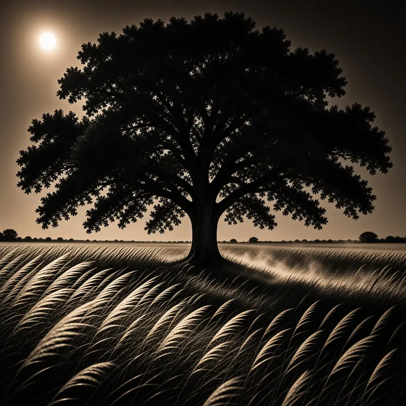 A broad spreading tree stands black against a sepia sky as a pale sun hangs beside its outer branches.