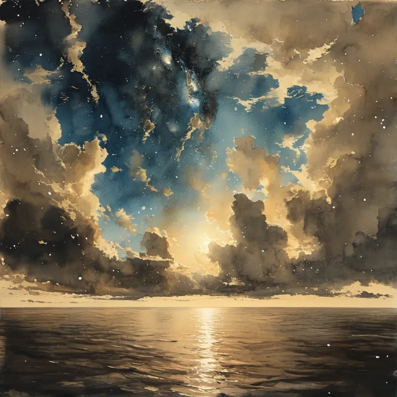 A dramatic sky filled with textured blue and gold clouds reflects a bright light source over a dark body of water.