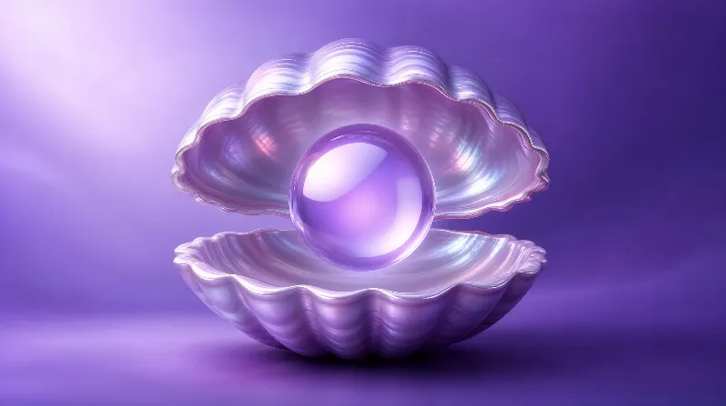 An open oyster shell containing a large purple pearl, set against a gradient purple background with soft, diffused lighting.