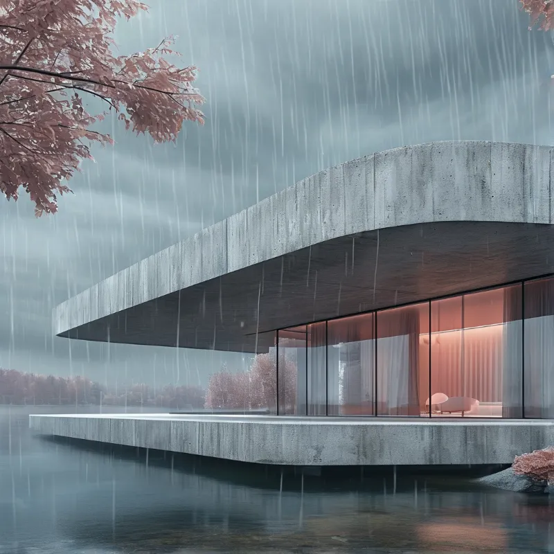 A curved concrete building with warm interior lighting stands on calm water amidst heavy rainfall and pink autumn foliage.