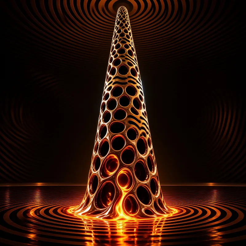 A tapering bronze cone pierced by glowing holes rises from concentric rings, lit inside against a dark rippled chamber.