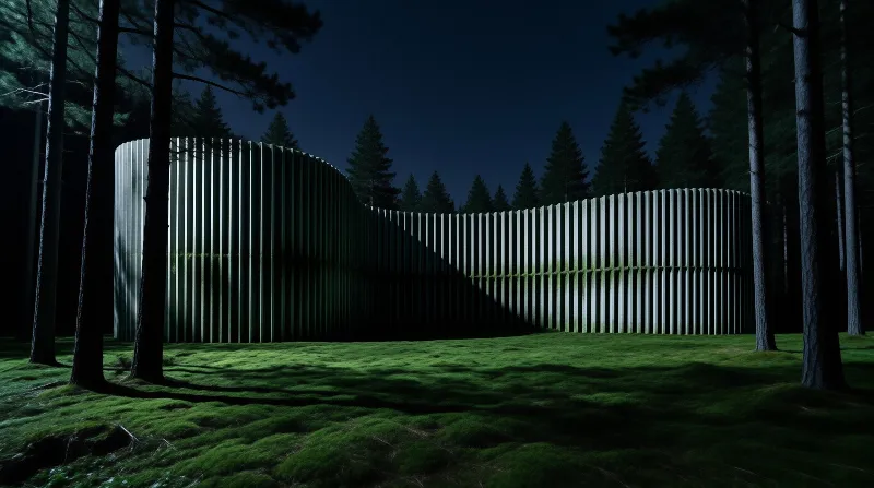 A long bright corrugated barrier stretches through a dense woodland area under a deep blue sky, creating a stark contrast against the surrounding evergreen trees and mossy ground.