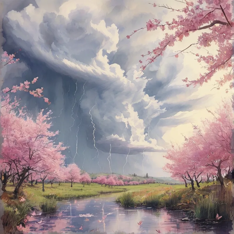 Rows of pink flowering trees line a calm stream while dark rain shafts fall from towering clouds above the green valley.