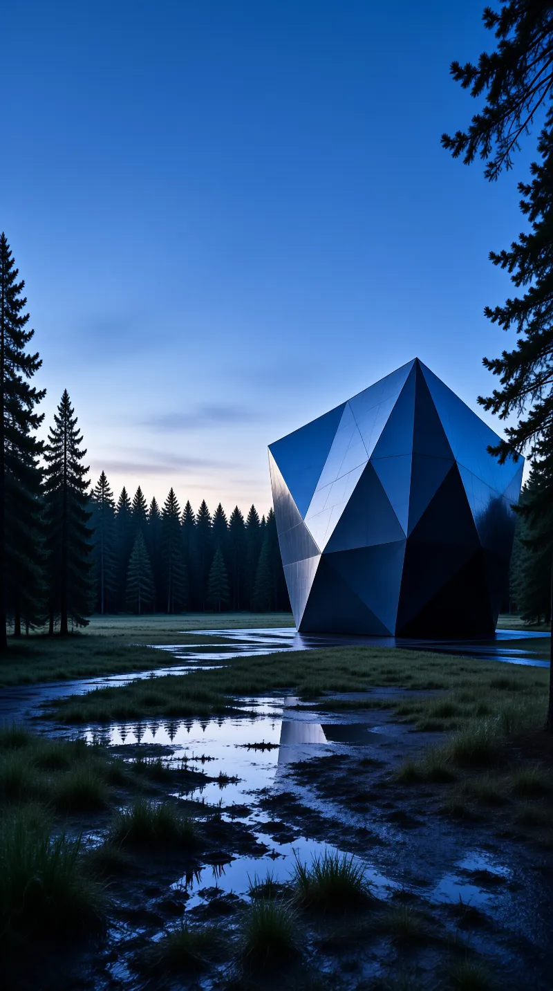 A giant chrome geometric solid with triangular panels stands among spruce trees as twilight pools mirror its silver faces.