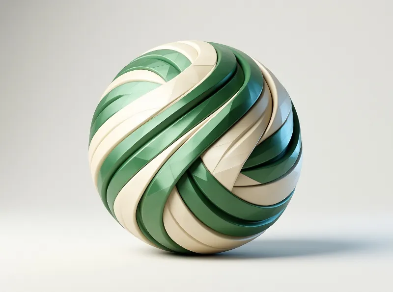 A low-poly knotted sphere with alternating cream and green ribs sits on a plain off-white studio surface lit by soft light.